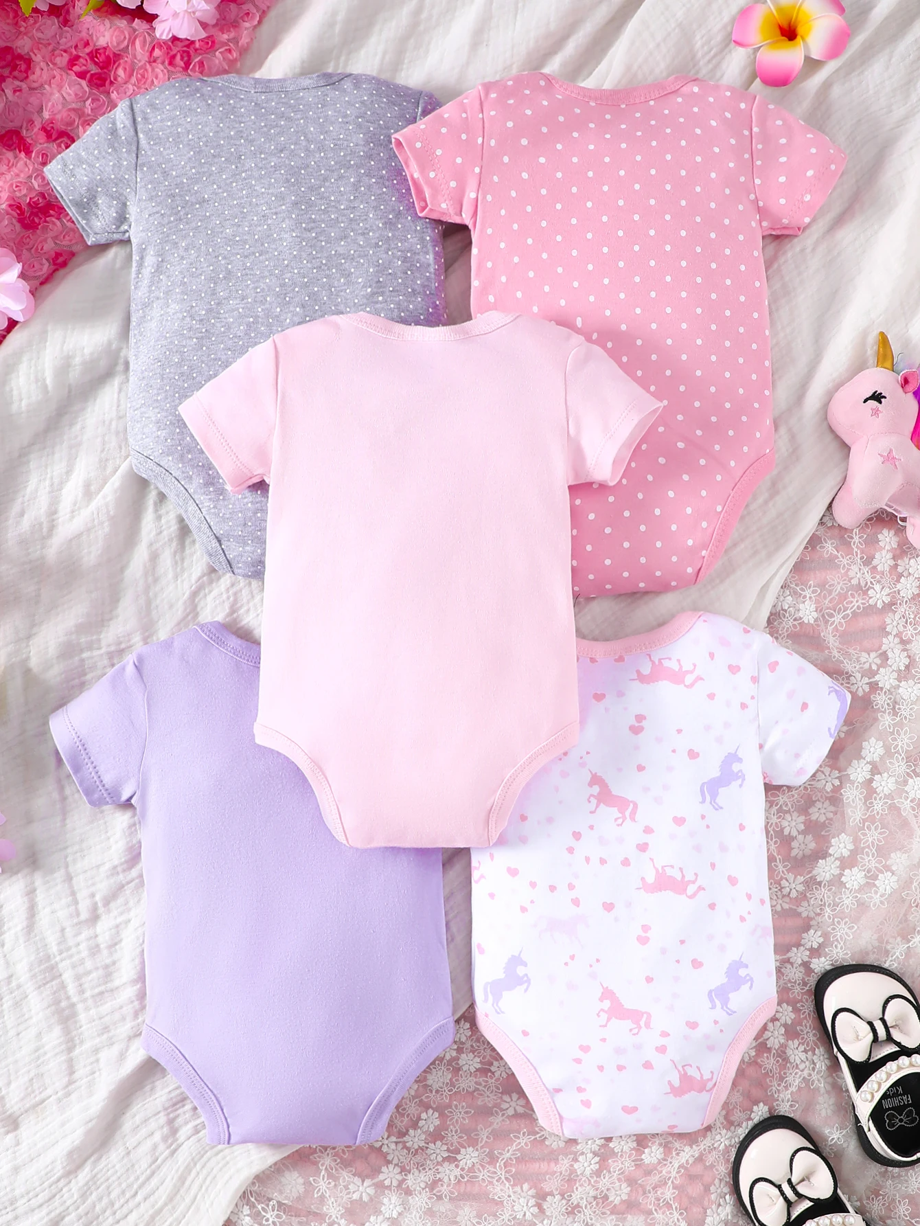 5PCS Spring/Summer New Baby Cotton jumpsuit Fashionable Cute Cartoon Unicorn Series Set for Boys Girls Short sleeved jumpsuit