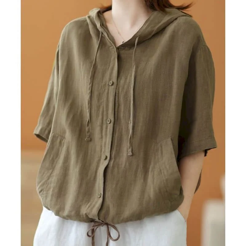 

Linen Shirts for Women Vintage Half Sleeve Hooded Shirts Loose Casual Cardigans Korean Fashion Lace-up Retro Blouse Women Tops