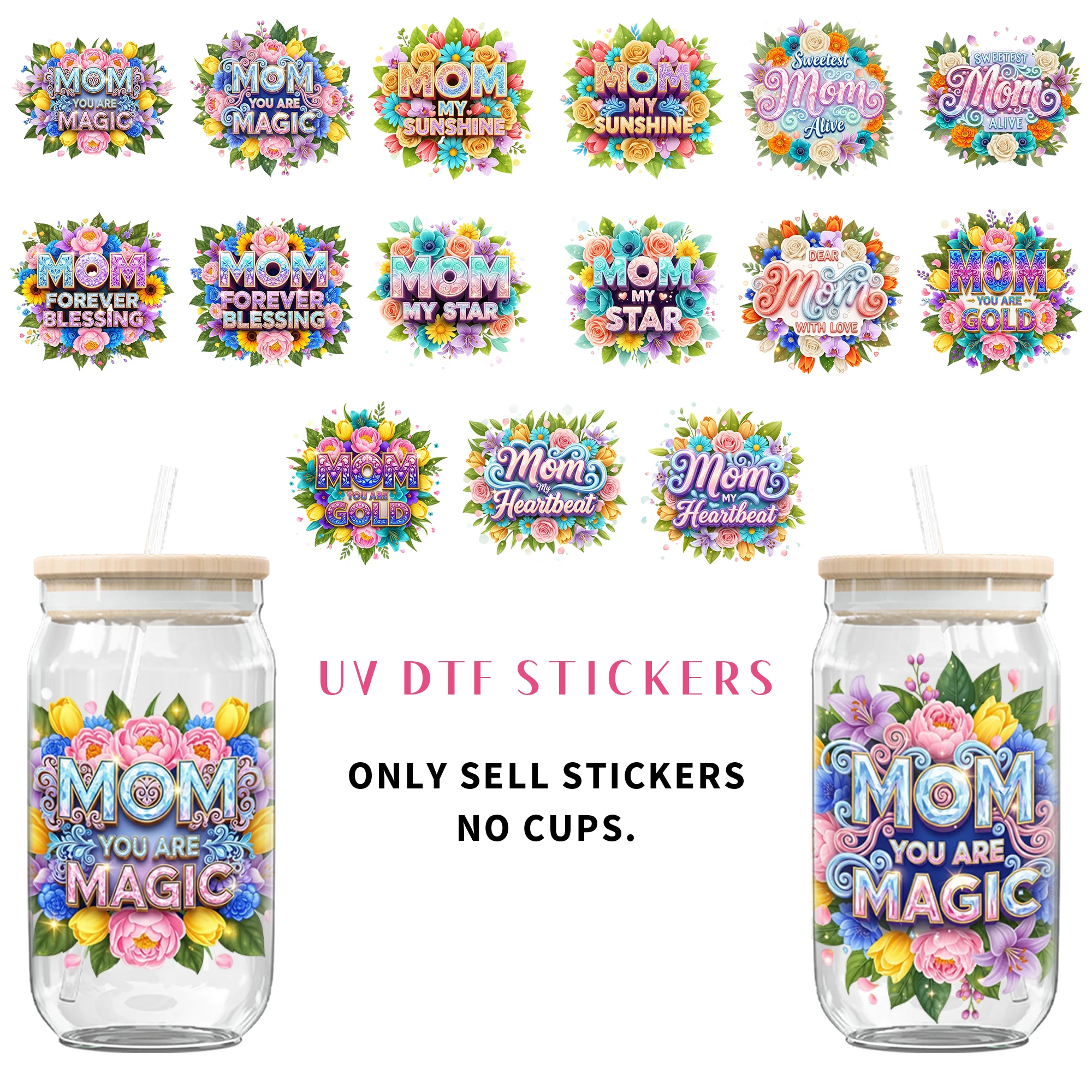 5Pcs/Set Happy Mother Day UV DTF Transfer Sticker DIY Craft Kits With Crystal Label 16oz Glass Jars Wrap Stickers On Mugs