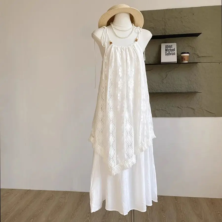Bohe vestido branco irregular emenda oco gancho flor cinta de espaguete vestido feminino elegante borla verão praia férias vestido