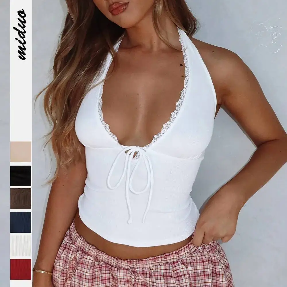 Top corto para mujer, Top corto con espalda descubierta para chica, camisola con lazo y cuello Halter, ropa interior versátil, chaleco