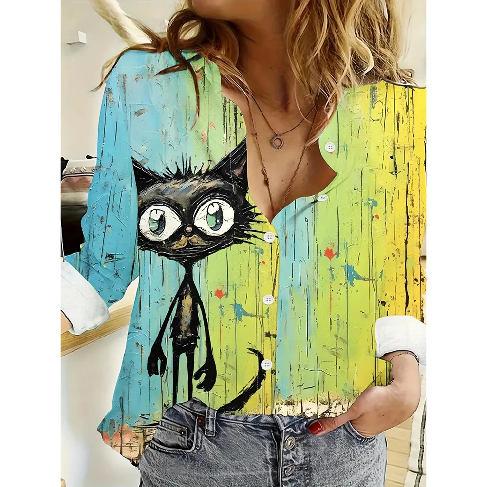 Women\'s New Single-Breasted Shirt 3d Cute Animal Print Long-Sleeved Shirts Fashionable Basic Tops Lapel Shirts & Blouses Spring