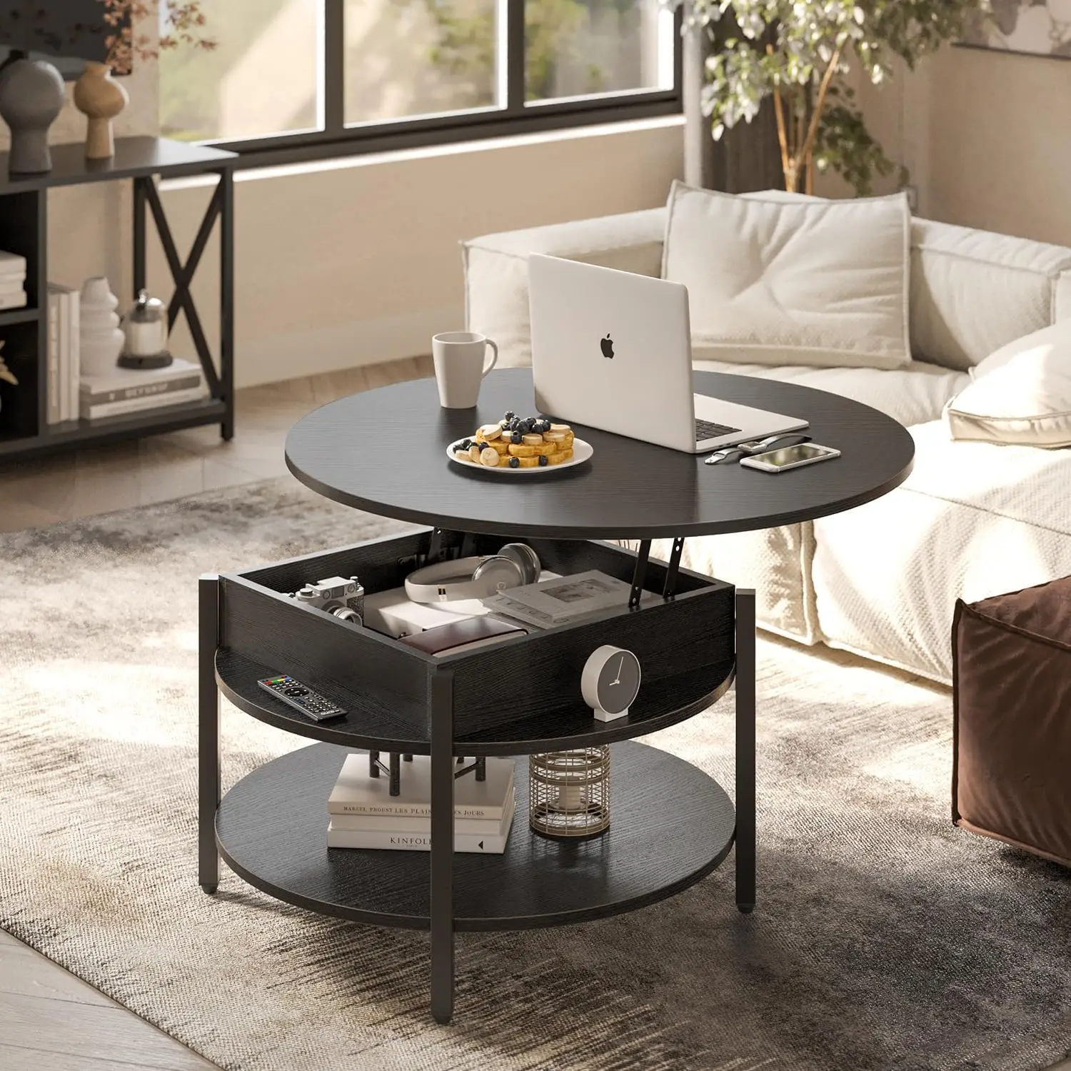 Fabato Round Lift Top Coffee Table With Storage And Hidden Compartment, 26.77'' Farmhouse Coffee Table For Living Room