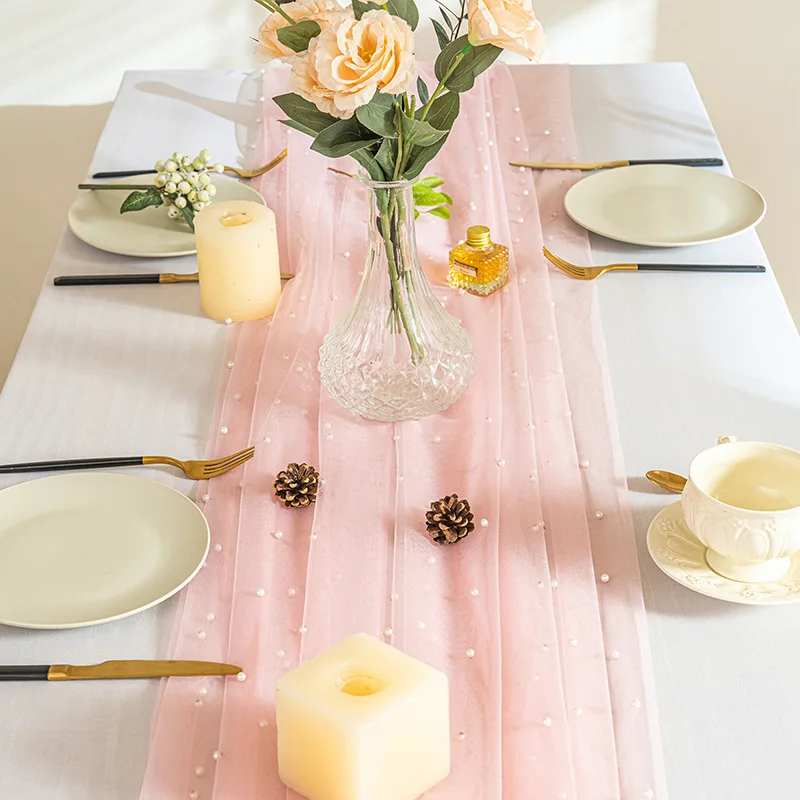 Pink Gauze Table Runner Romantic Pearl Mesh Tablecloth Wedding Dinning Table Cover Decoration Birthday Baby Shower Party Decor