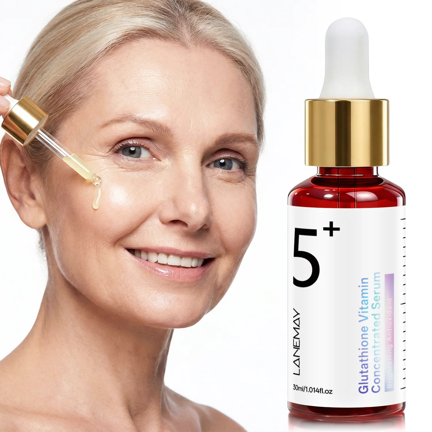 Glutathione Vitamin Concentrated Serum 5+ - Brighten, Glow, Radiance & Hydration - Antioxidant Dark Bottle Packaging.