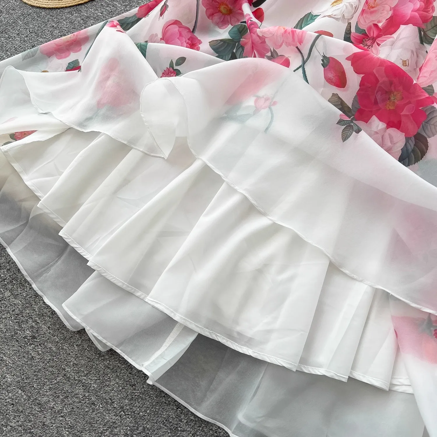 2025 Summer Gorgeous Flower Chiffon Holiday Dress Boho Women's V Neck Sleeveless Ruffles Floral Print Zipper Belt Long Robe