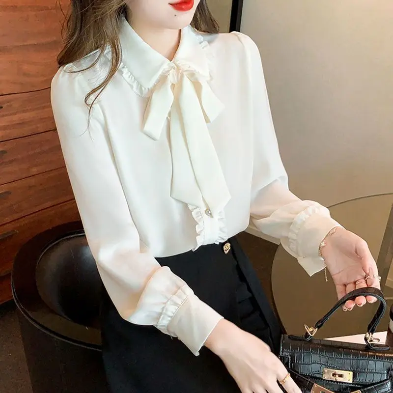 Butterfly Knot Long Sleeved Shirt for Women's Spring Autumn Clothing Version Niche Top Design Loose Temperament Chiffon Shirt