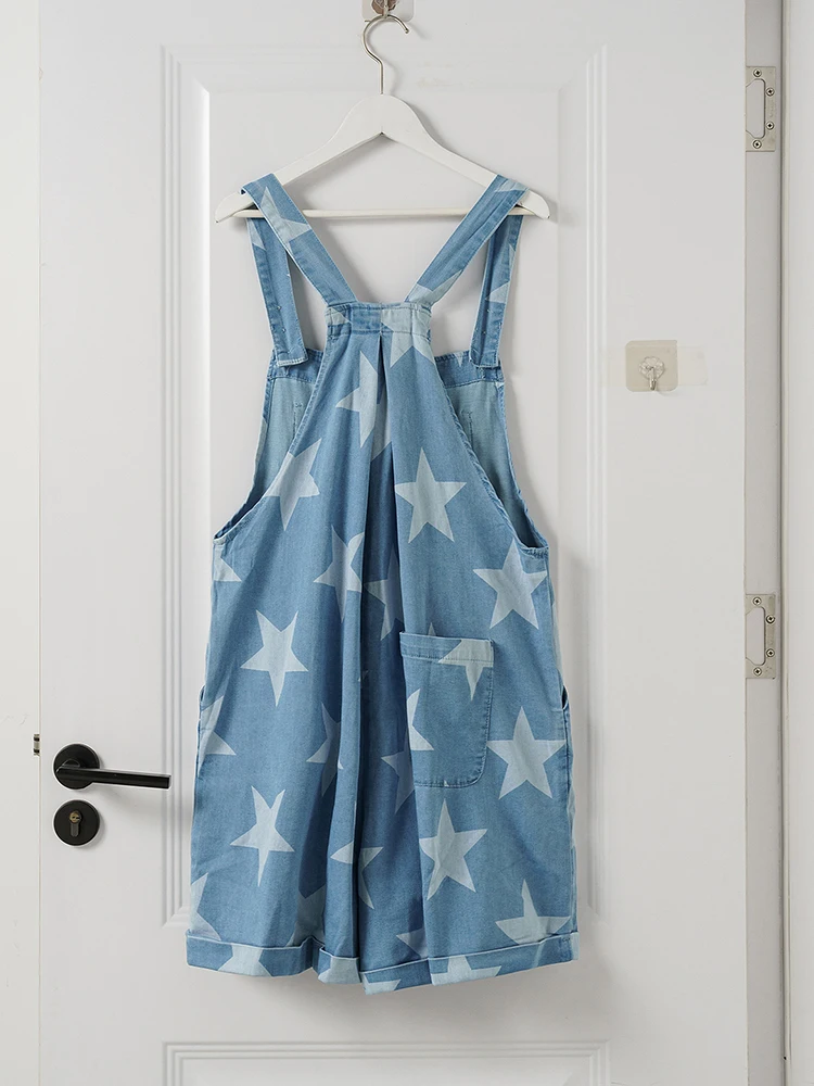 2025 Summer New Star Printed Strap Denim Jumpsuit Women Street Wear Fashion Short Romper Women Casual Loose Playsuit