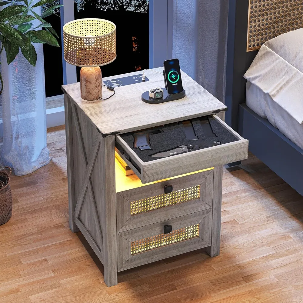Night Stand with Gun Drawer, Bedside Table with Charging Station & LED Light, Gun Nightstand for Bedroom Living Room, Rustic Gre