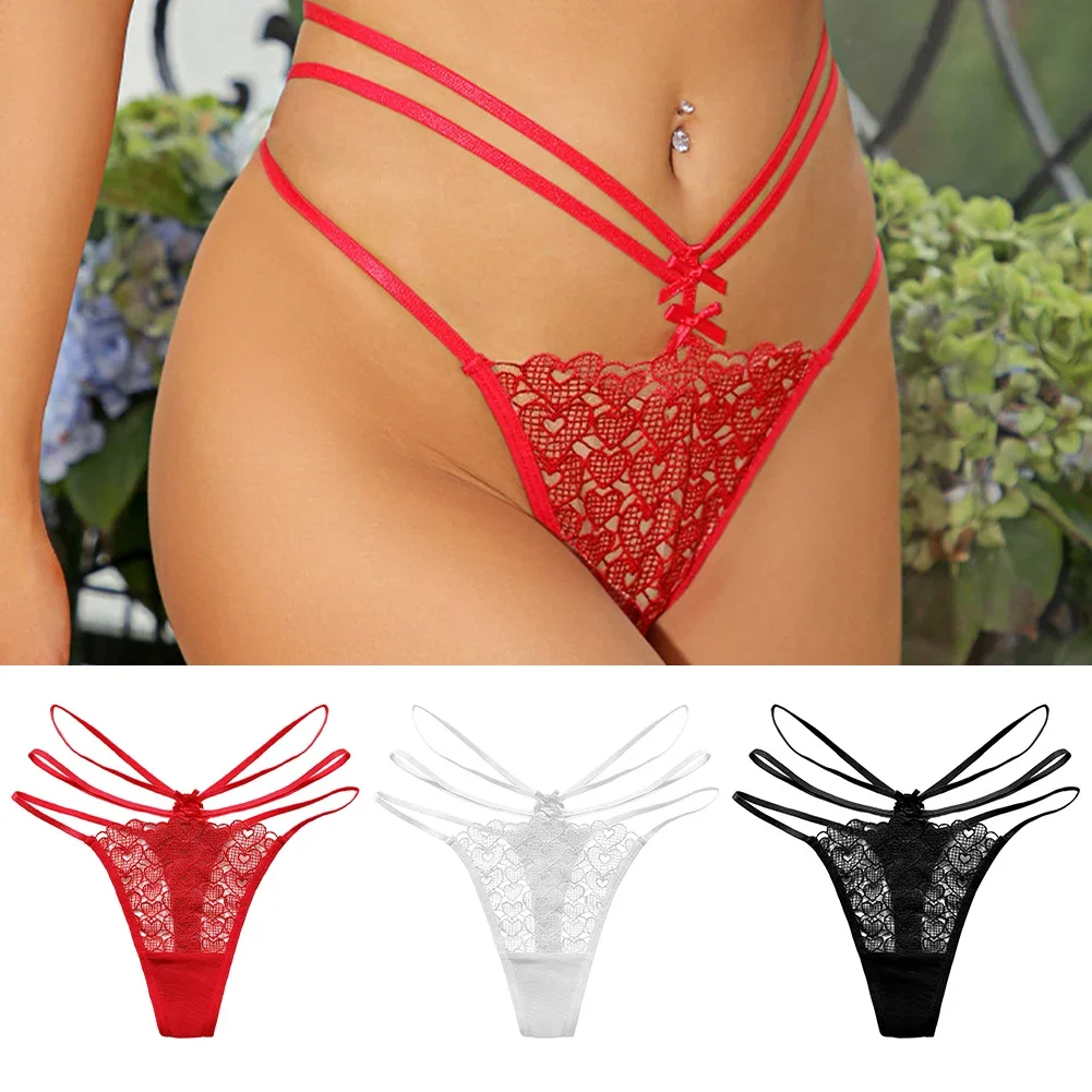 

Womens ValentinesDay Sexy LoveLace Panties Low Waist Underwear See Through Thong Briefs Female Exotic Bikini G-string Lingerie