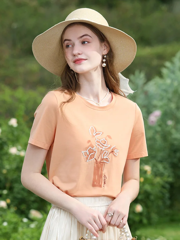 I BELIEVE YOU T-shirt Slim Tops For Women 2024 Summer New Embroidery Short-sleeve Fresh Elegant Basics O-Neck Tees 2242015695