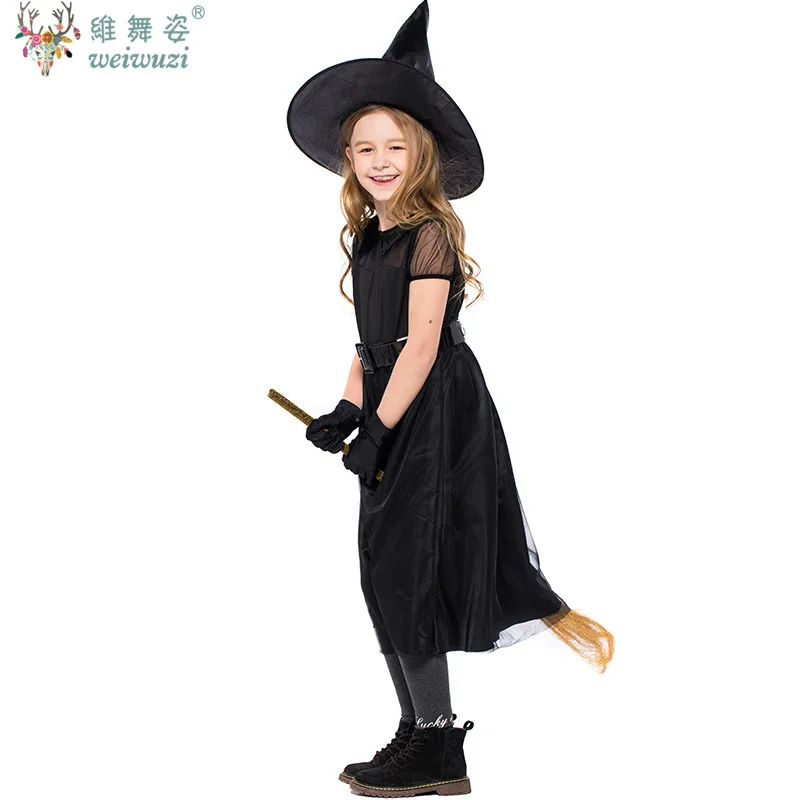 Disfraz de bruja mágica de elfo del bosque para niñas, vestido de malla negra, disfraz de princesa, traje de actuación, ropa de fiesta de Halloween