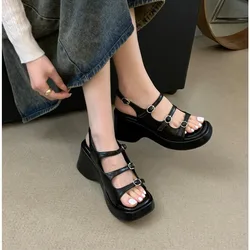 Nieuwe Platform Sandalen Dames Open Teen Ondiepe Effen Kleur Gesp Casual Schoenen 2024 Zomer Hoge Hakken Damesschoenen Sleehak Sandalen