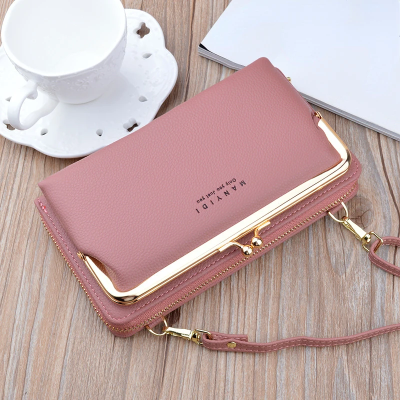 PU Leather Clutch Wallet For Women, Multifunctional Crossbody Bag, Fashion Long Coin Purse With Kiss Lock