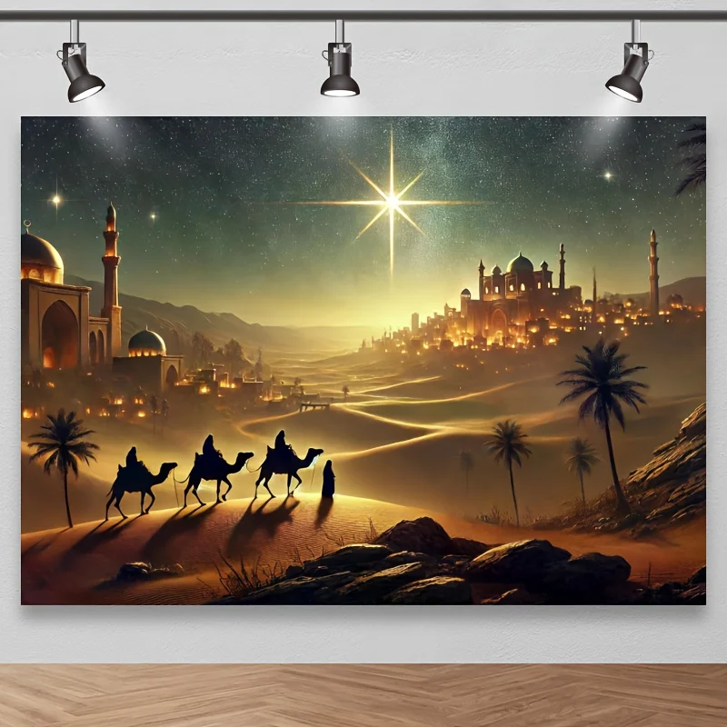 

Arabian Nights Starry Desert Scene Background, featuring camels, stars, and moonlit sky | Arabian Nights Atmosphere