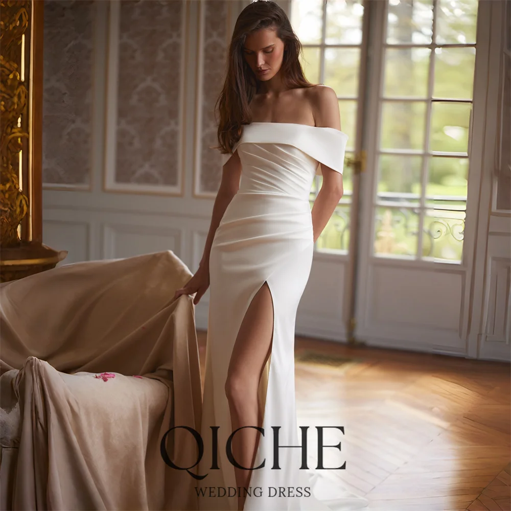 QICHE Modern Off The Shoulder Mermaid Wedding Dress Women 2026 Strapless High Slit Pleat Open Back Vestidos De Noiva Customized