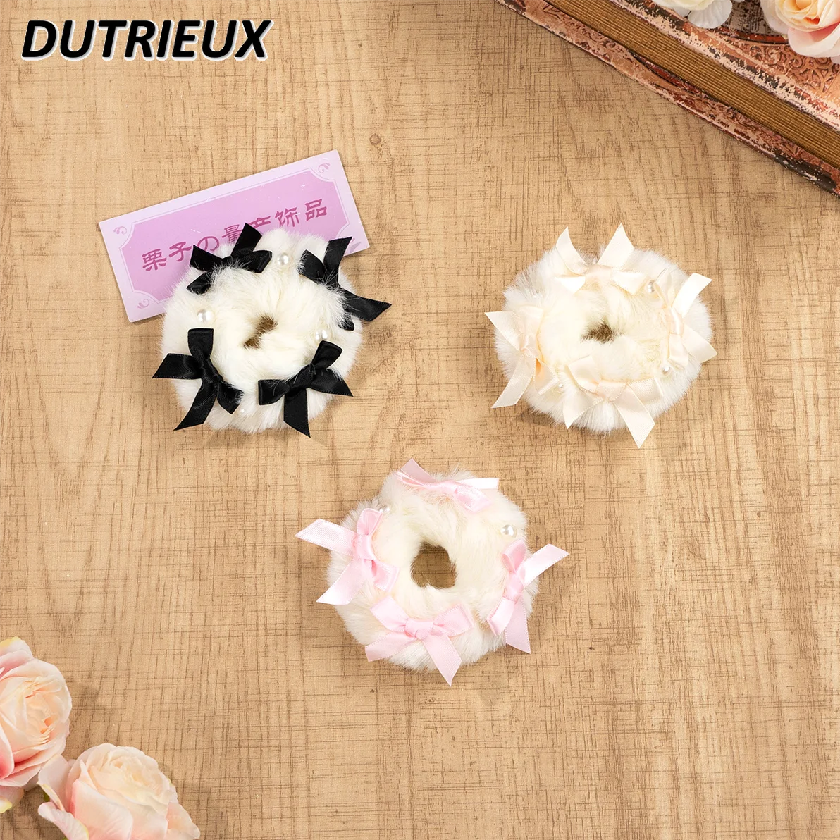 Japanese Mass-produced Mine Tie Handmade Bow Pearl Furry Hair Band Accessories Double Ponytail Hair Headband Headdress