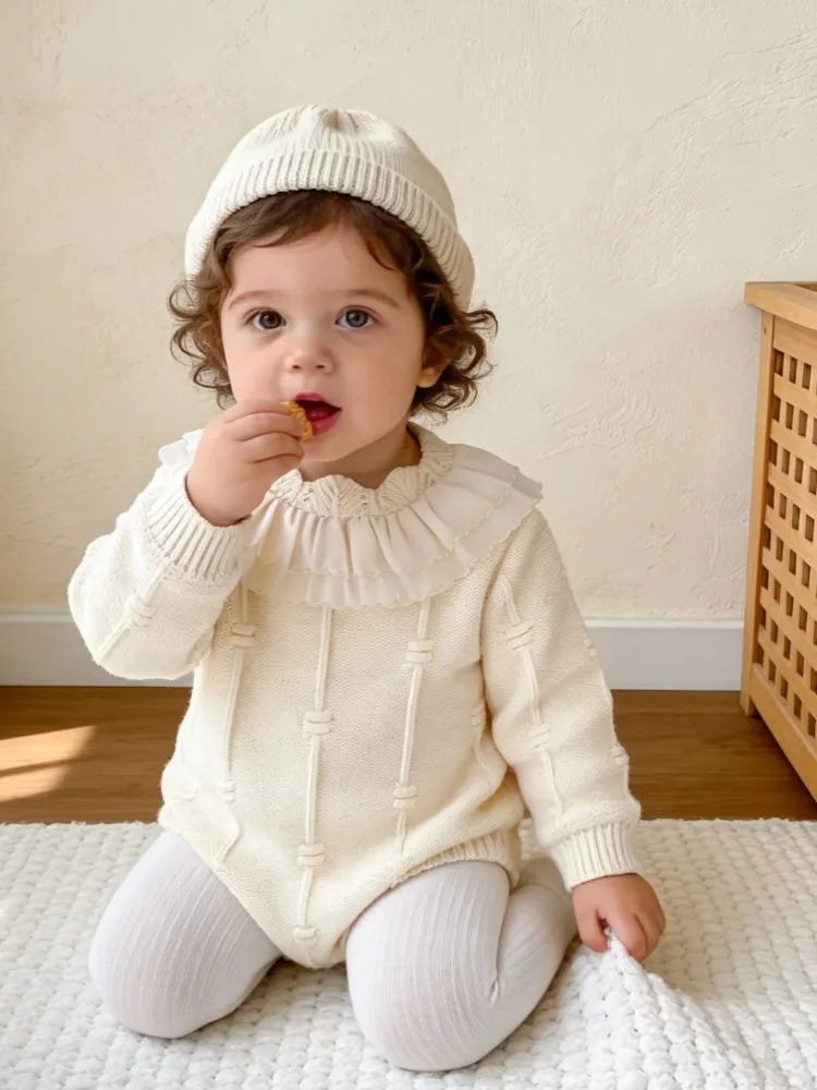 

Cute Spring and Autumn Baby jumpsuit New Knitted Jacquard Bag fart Clothes Lace Splicing Round Neck Solid Long Sleeve jumpsuit