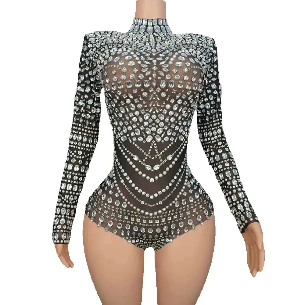 Sparkly Rhinestones Tassels Bodysuit Women Sexy Mesh Performance Dance Birthday Party Costume Dancer Nightclub Stage Wear