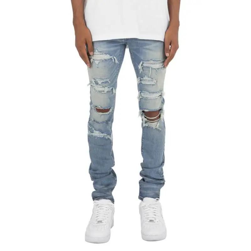 

New Men High Street Fashion Casual Perforated Jeans Men Fashion Casual Personality Slim Fit Hot Diamond Elastic Jeans