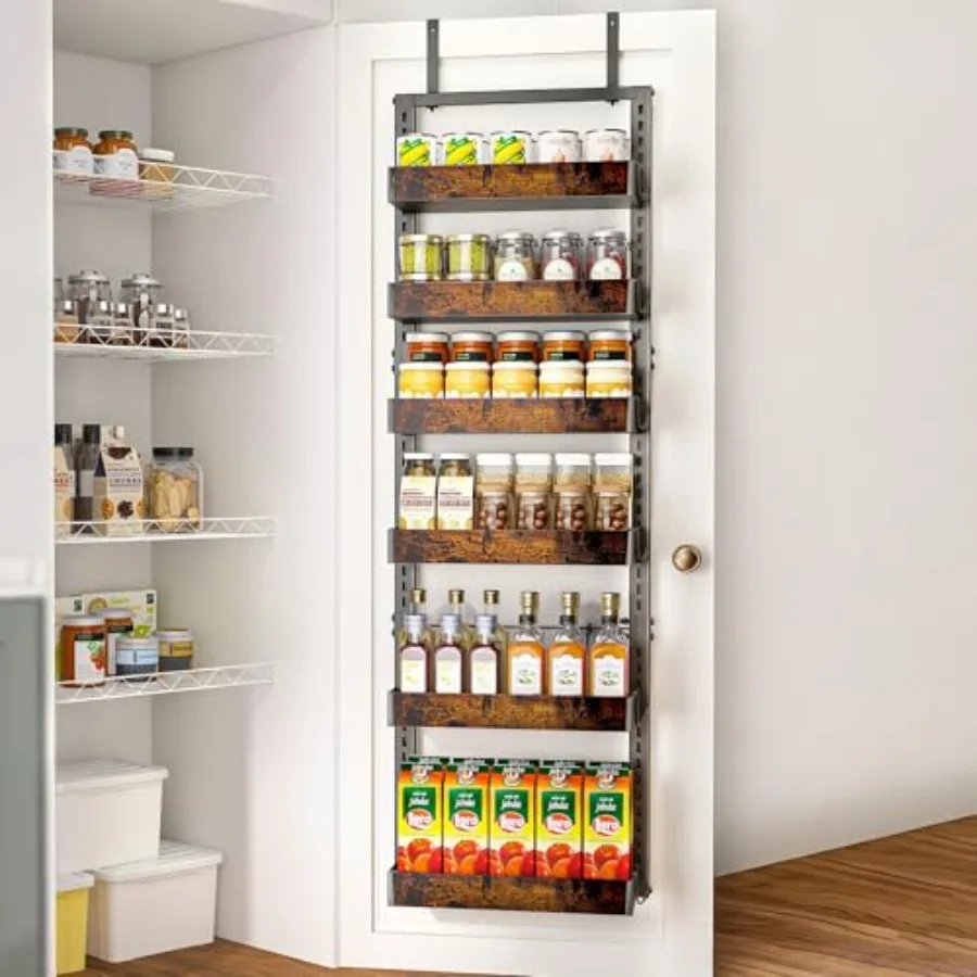

Over the Door Pantry Organizer, 2-in-1 Door Hanging or Wall Mounted Spice Rack, Heavy Duty Metal Shelves with Adjustable Wooden