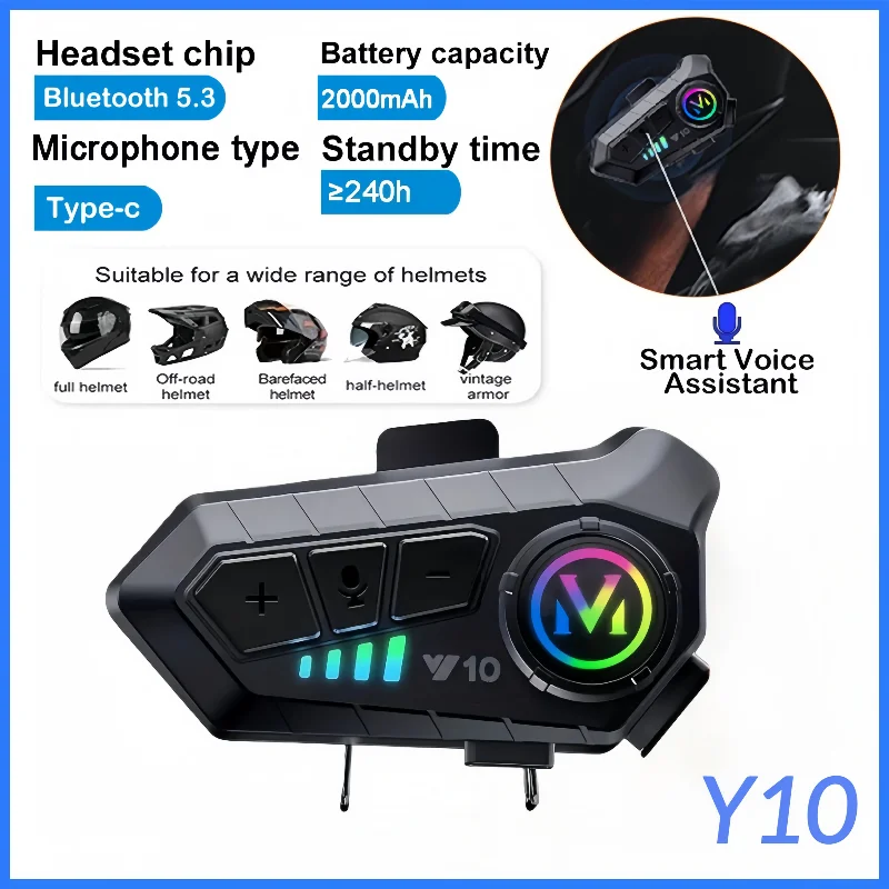 

Y10 Bluetooth 5,3 гарнитура для шлема, беспроводной комплект громкой связи для звонков, мотоциклетные водонепроницаемые наушники, MP3-плеер для мотоцикла