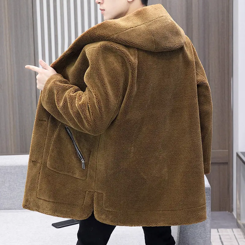 

Мужское демисезонное двустороннее пальто из фетра с меховой подкладкой, средней длины, с капюшоном, повседневная верхняя одежда