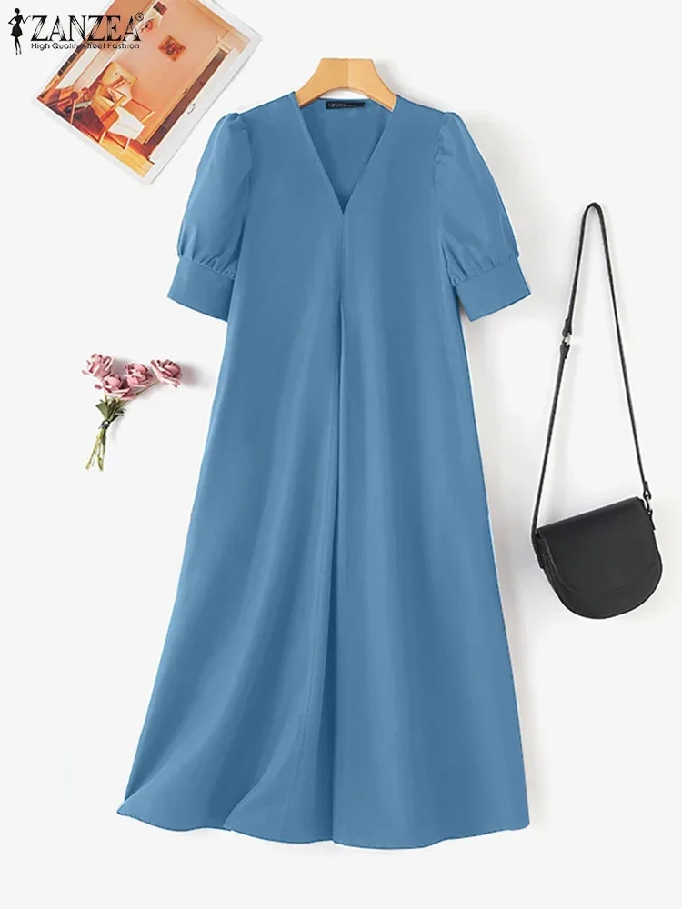 

ZANZEA Women's Fashion A-line Midi Dresses Vintage Short Puff Sleeve Inverted Pleat Robes Femme Loose Elegant V-Neck Vestidos