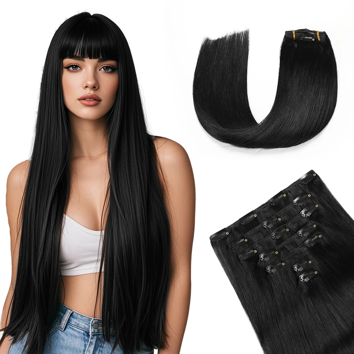 

Накладные пряди из натуральных волос Remy, 7 шт., 16 клипс, 100% натуральные человеческие волосы, прямые, шелковистые, для женщин