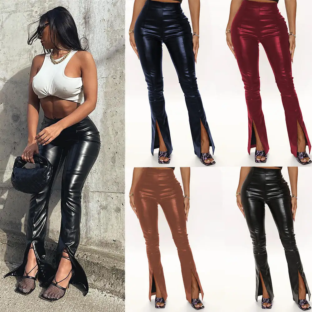 

Sexy High Waist PU Leather Pants Women's Classic Bell Bot Long Trousers Large Size Split Design Faionable Base Layer