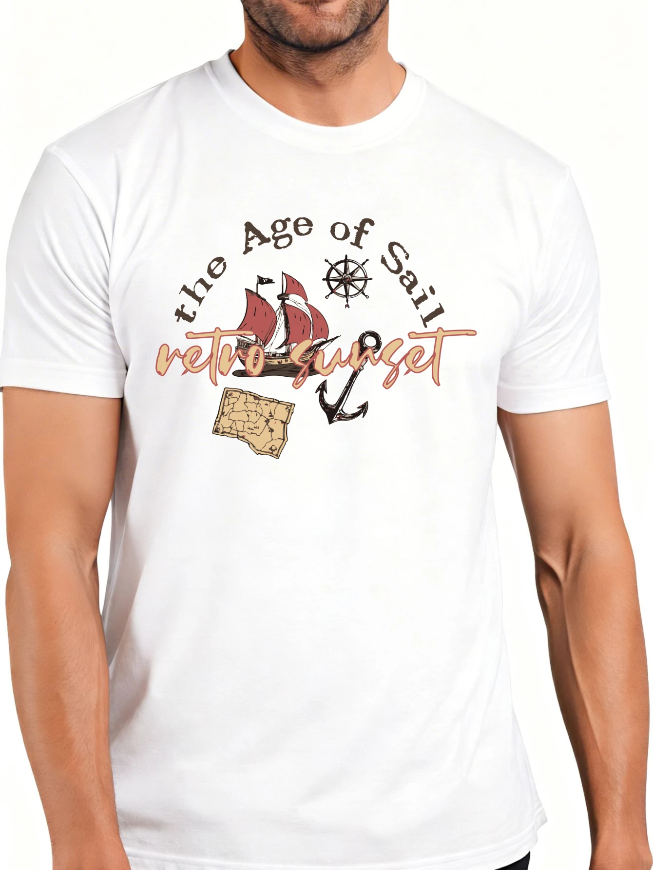 Nautical Retro Style Men's T-Shirt, Sailing Era Vintage Sunset Design, Summer Beach Wear, Gift for Sailors and Ocean Enthusiasts