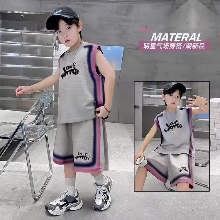 Boys Set Summer Fashion Boutique Sleeveless Pullover Letter Vest+Short 2pcs Kids Korean Outfit Children Basketball Sport Clothes