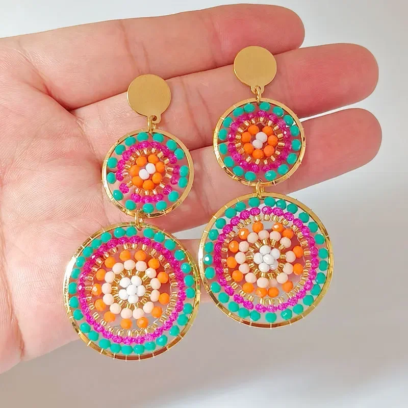Beaded earrings Double-deck Roundness Colours Versatile Crystal Bohemia Hand knitting Alloy Female Simple Rice bead earrings