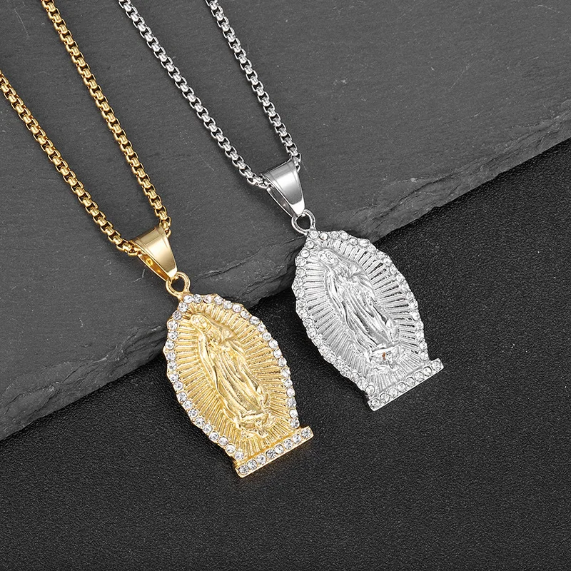 الرجعية الفولاذ المقاوم للصدأ سانت ماري قلادة الراين قلادة للرجال النساء سلسلة الترقوة مقاوم للماء لا مجوهرات الصدأ