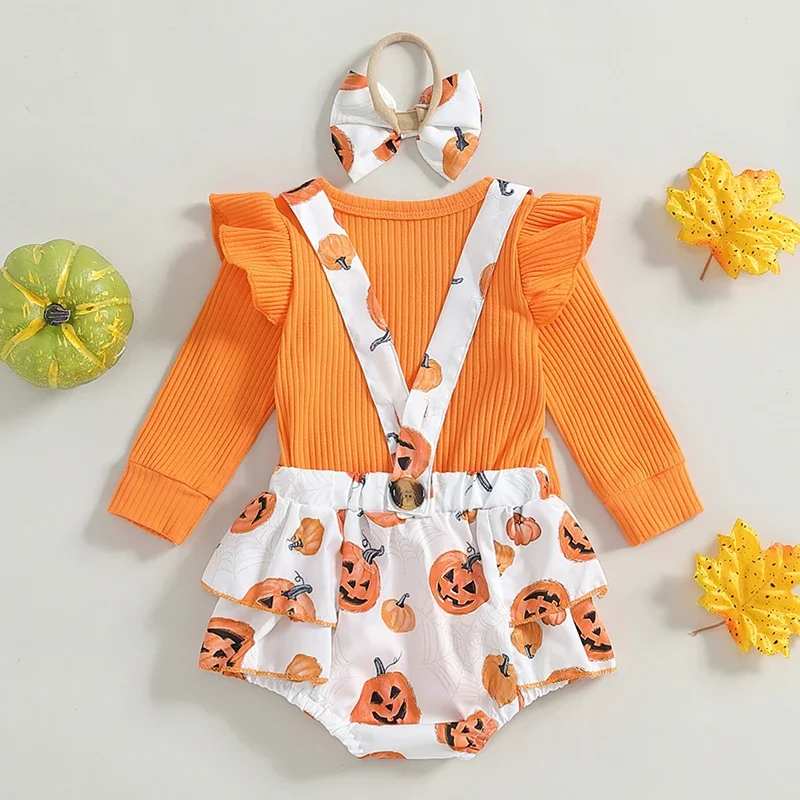 Baby Clothing Girl Long Sleeve Romper with Pumpkin Print Overall Shorts Headband Newborn Halloween Clothes