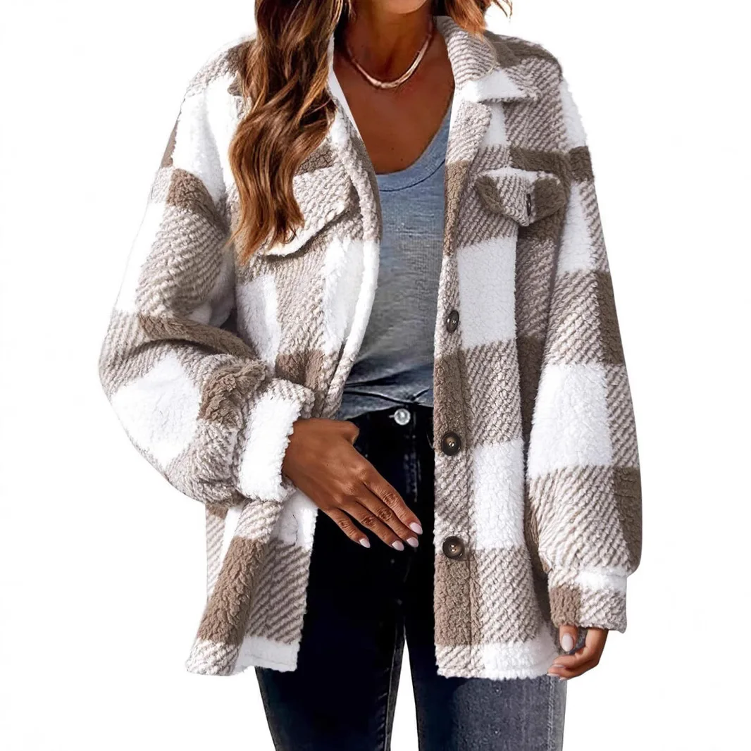 Autumn And Winter Open Collar Plush Coat With Grid Pattern Button Jacket For Warmth