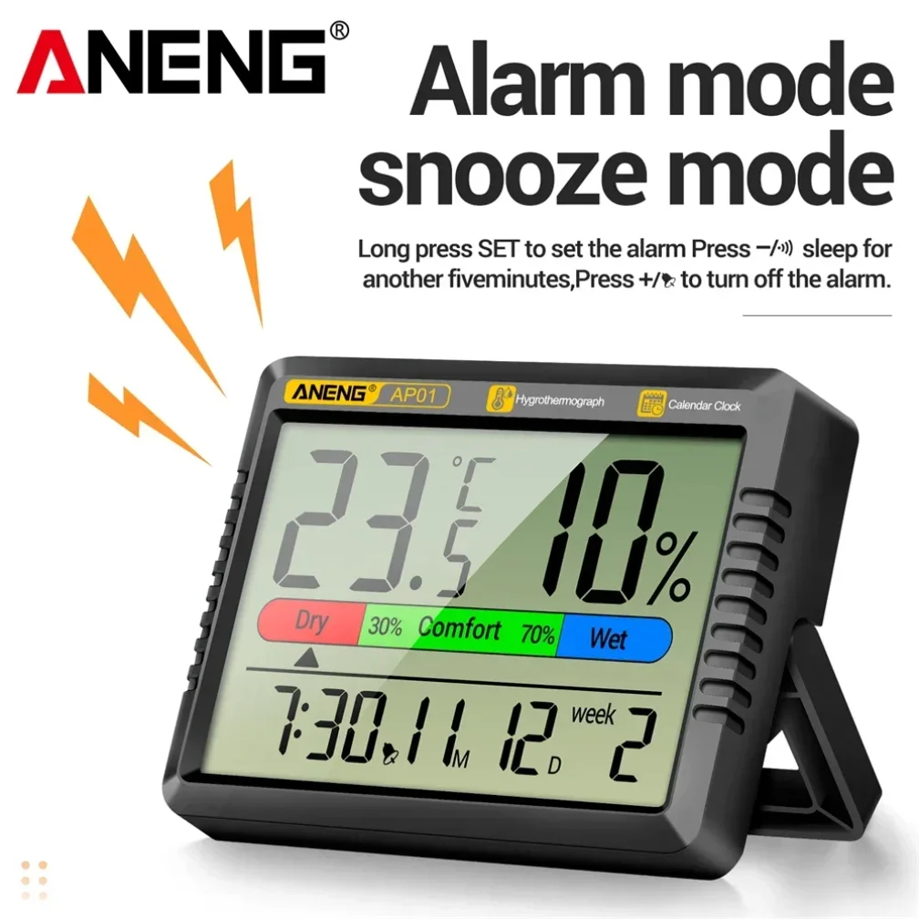 Цифровой термогигрометр с ЖК-дисплеем ANENG AP01, электронные часы для помещений, многофункциональные измерения температуры воздуха, гигрометр, тестовые инструменты