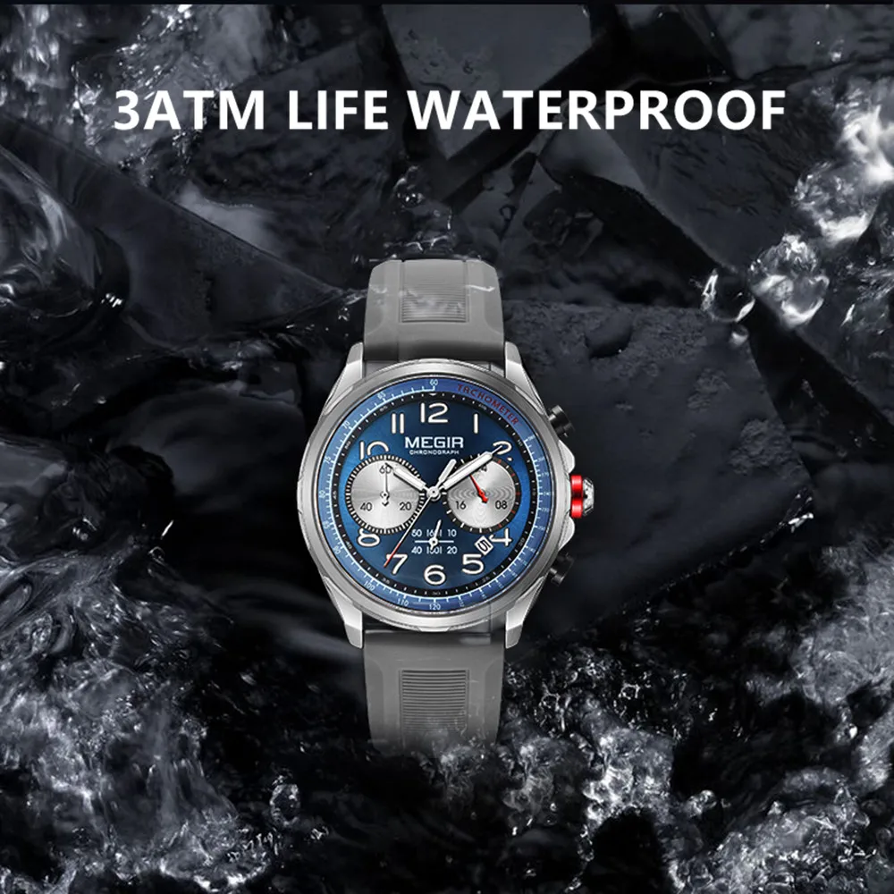 MEGIR كرونوغراف مع تاريخ تلقائي 24 ساعة مقاوم للماء ساعة يد رياضية عادية سيليكون حزام الرجال ساعة كوارتز Reloj هدية للرجل #6