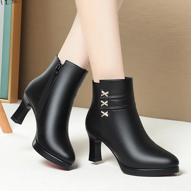 7cm 9cm Elegant Office Ladies Soft Leather Boots with fur Fall Winter 2024 Block High Heels Ankle Boots Plush for Mom Daily