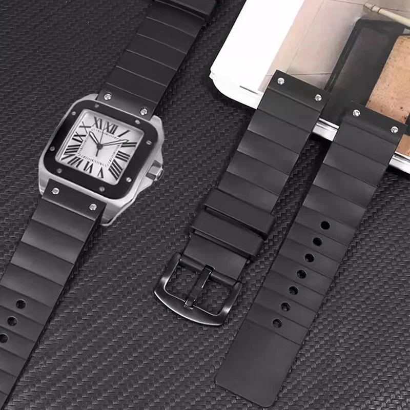 High quality Watch Band For Cartier Santos 100 Rubber black Watch Strap Men's Women's Silicone accessories bracelet 23mm