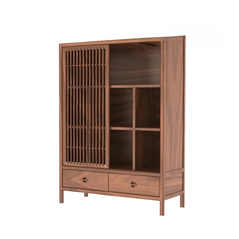 

New Chinese Style Black Walnut Floor Standing Storage Cabinet Modern Zen Solid Wood Display Bookcase