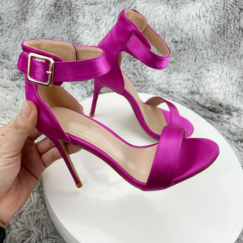 Tikicup Newly Fuchsia Slik Satin Women Ankle Strap Open Toe High Heel Sandals 10cm Elegant Summer Dress Stiletto Pumps Shoes