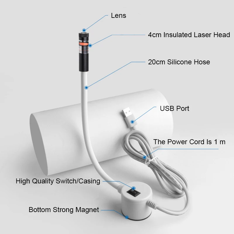 Módulo láser cruzado de línea de puntos, luz roja de 650nm, 100mW, trabajo prolongado con interruptor USB, soporte magnético