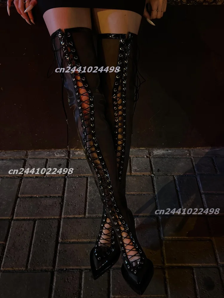 Ladies Mesh Lace Up Eyelet Strap Thigh High Boots Sharp Pointed Toe Edge Trim, Slim Stiletto Heel Patchwork Women Long Shoes