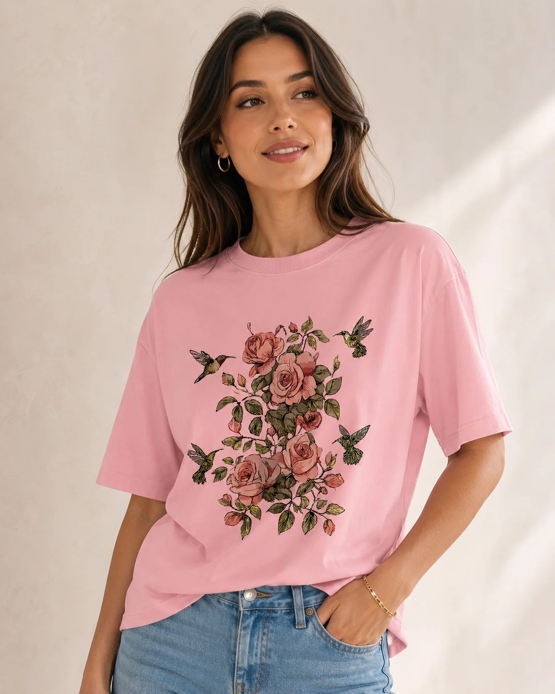 Women's Retro Rose Hummingbird Print Round Neck Short Sleeved T-shirt Casual and Fashionable Top Suitable for Floral Enthusiasts