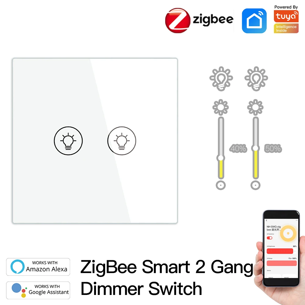 Zigbee smart 2 gang dimmer switch tuya control for smart home automation interruptor inteligente smart touch switch wifi