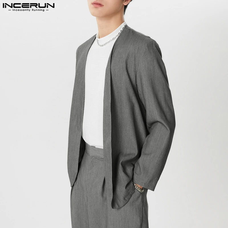 

INCERUN 2025 Men Shirt Solid Color V Neck Open Stitch Long Sleeve Casual Men Clothing Streetwear Fashion Leisure Outerwear S-5XL