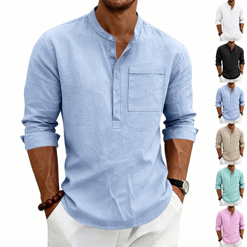 

American Summer Men's Breathable Linen Casual Vintage Commuter Long Sleeve Stand-Up Collar Shirt Men