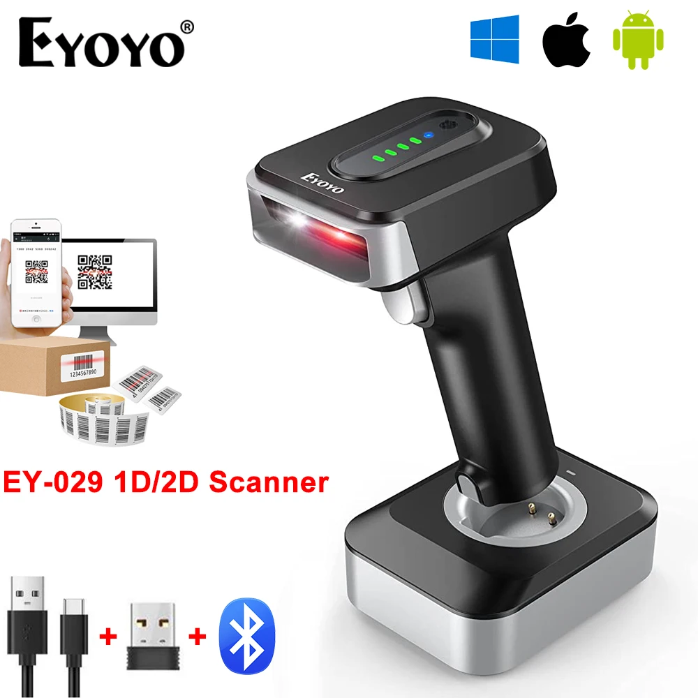 

Eyoyo EY-029 Wireless 1D/2D Handsfree Auto-sensing QR Scanner Handheld Barcode Reader With Battery Level Indicator&Charging Base