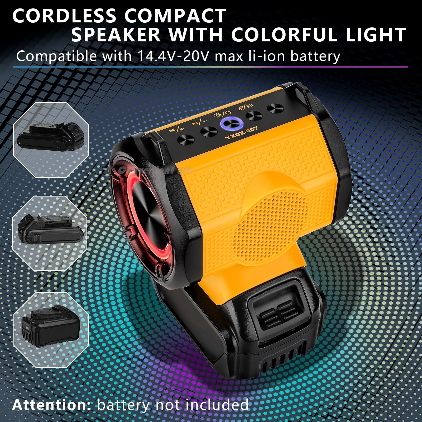 

Беспроводный динамик Bluetooth совместим с батареей Dewalt 20V с портом USB типа C для зарядки громкого подлинного беспроводного стерео HD звука TWS Парирование 20 В портативного мини-динамика 5.3 Bluetooth Player Усилетель динамика